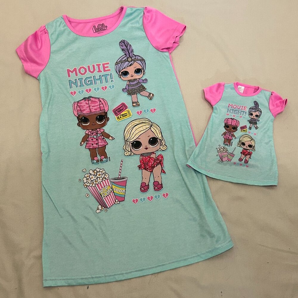 Bundle: Girls Night Dress with Matching Doll Night Dress - Size 8